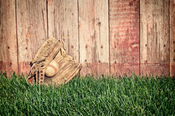 Old Baseball Mitt and Ball by Wood Fence